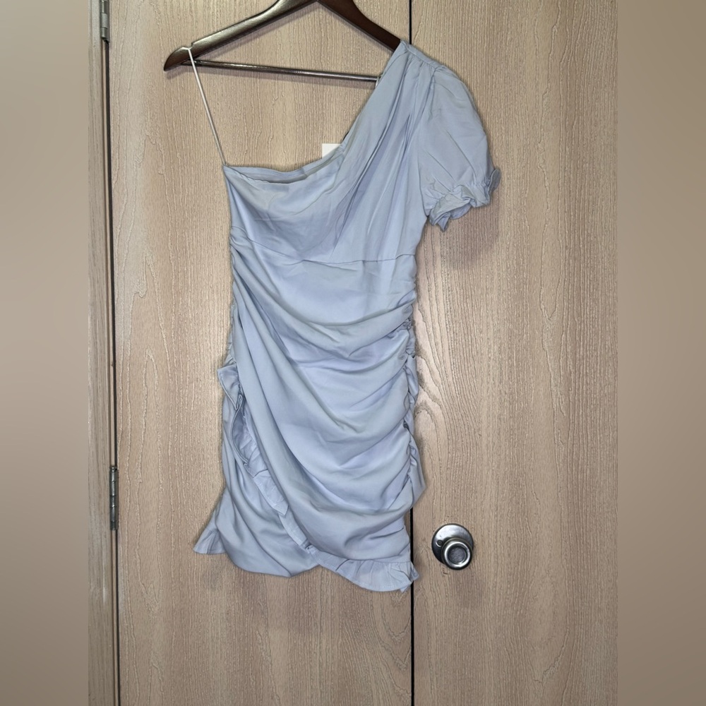 Hello Molly Light Blue Ruched One-Shoulder Dress - Picture 2 of 13